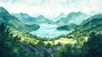 Wall Mural - Watercolor illustration of a stunning landscape featuring a large lake green mountains a valley a forest and rooftops in the foreground