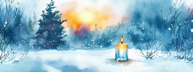 Wall Mural - watercolor illustration of an ice candle holder in a winter landscape