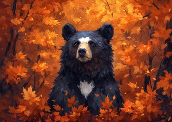 Wall Mural - Majestic Black Bear Amidst Vibrant Autumn Foliage Captured in Serene Forest Landscape, Showcasing Nature's Beauty and Wildlife Tranquility