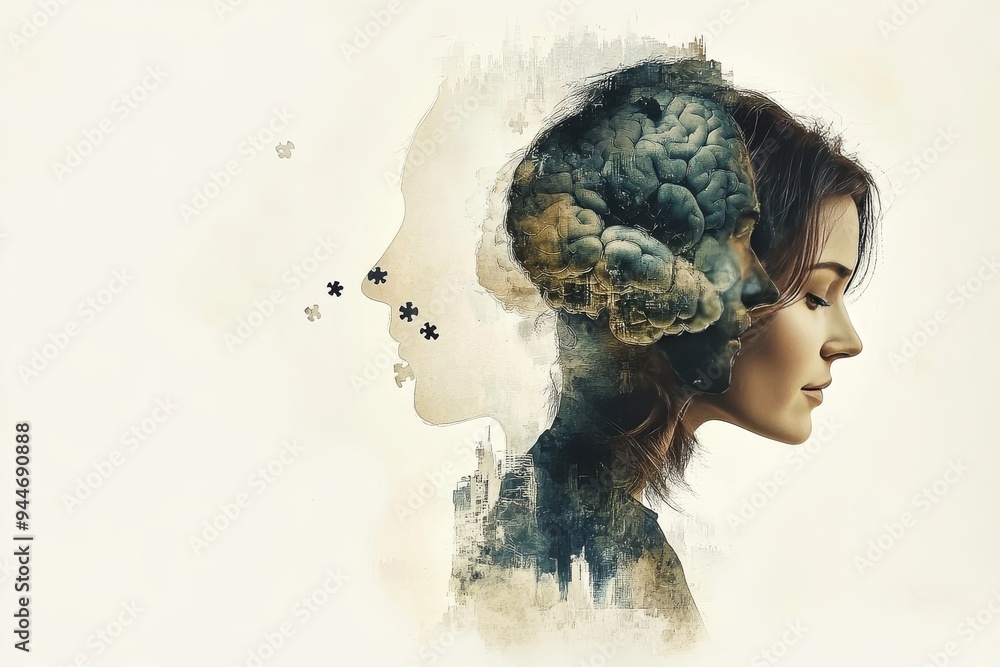 Ethereal digital rendering of a female profile dissolving into abstract ...
