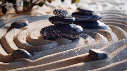 Zen garden with the stones, meditative elements - arranged stones, sand patterns, balance and harmony. Stack of Balanced Pebbles, zen pebbles, relax, massage, meditation. Zen concept