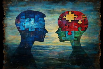 Canvas Print - Whimsical digital rendering of two human profiles made of puzzle pieces symbolizing the fragmented nature of identity the search for self understanding and the complexity of human consciousness