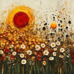 Poster - Vibrant Abstract Floral Painting with Bold Sun and Moon - Brilliant Colors and Texture Depicting Nature's Beauty in a Unique Artistic Style