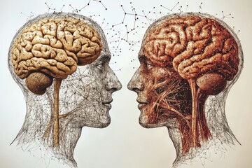 Canvas Print - Artistic digital illustration of two human profiles with detailed brains symbolizing cognitive balance intellectual connection and the deep relationship between thought and emotion