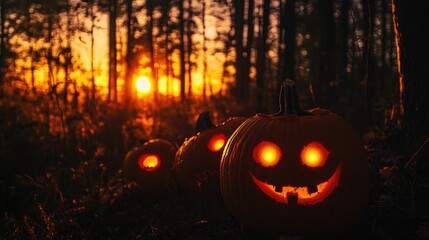 A spooky forest sunset with a haunted evil glowing eyes of Jack O' Lanterns