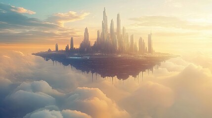 Poster - Futuristic City Floating Above Clouds in a Sunset Sky