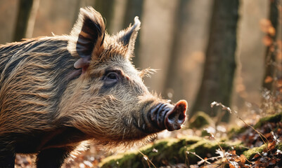 A wild boar stands in a forest, its thick fur catching the sunlight