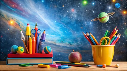 back to school concept with colorful educational supplies and cosmic-themed learning tools, school, 
