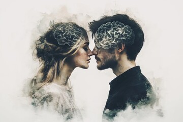 Canvas Print - Nostalgic Cognitive Love A Dreamlike Artistic Illustration of a Couple’s Brain Connection Fused with Vintage Tones and Soft Textures Representing a Romantic and Emotional Bond