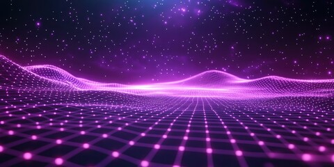Poster - Abstract ultraviolet landscape depicted in a 3D cartoon rendering against a dark background featuring a purple cyberspace grid and a violet starry outer space texture Vertical image orientation 3D
