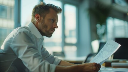 Wall Mural - Sales manager, side view, with sales reports on table in office generative ai