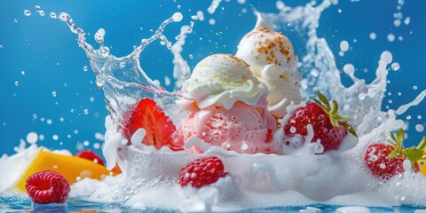 Wall Mural - Action shot of water splashing over ice cream milk ice and fruit