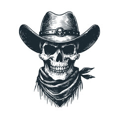 Wall Mural - The bone skull wear cowboy hat. Black white vector illustration.
