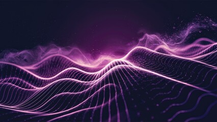  Futuristic abstract background featuring purple digital wave patterns and flowing particles. Textured backdrop with dynamic dust particles in motion.