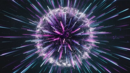 Futuristic abstract dynamic particle explosion featuring vertical lines, immersive 3D illustration.