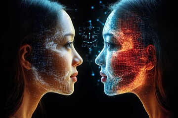 Poster - Digital Neural Dialogue A High Tech Artistic Illustration of Two Human Profiles Engaged in a Brainwave Communication Representing Advanced Cognitive Interaction