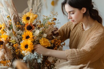 Poster - A woman arranging a vibrant bouquet of sunflowers and dried flowers in a cozy indoor space during autumn