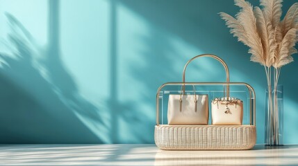 Canvas Print - Stylish Beige Handbags on a Gold Stand with Dried Pampas Grass and Blue Background