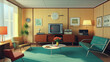 © afifyam - A nostalgic 1950s living room with mid-century furniture and modern tech gadgets.