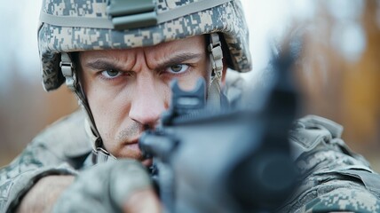 A man in a military uniform is holding a rifle and looking at the camera