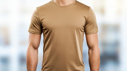 Poster - A man is wearing a tan shirt and has a muscular build