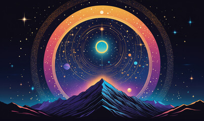 Wall Mural - a colorful, starry sky with a mountain in the background