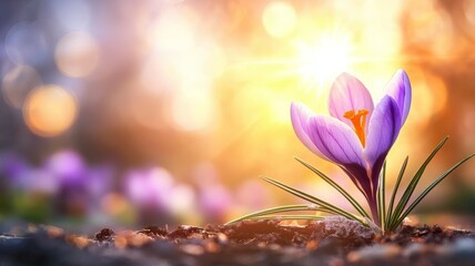 Sticker - A purple flower with a yellow center is growing in the dirt