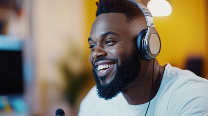 Wall Mural - A man wearing headphones is smiling