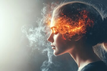 Sticker - A dramatic and fiery side profile of a woman with her hair blending into a blaze representing the intensity of thought creativity and the passionate nature of the human mind