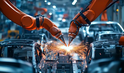 Aufkleber - Robotic Arm Welding Joints with Laser Technology in Automotive Manufacturing Factory