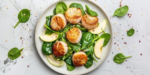 Poster - Plate of scallop spinach and apple salad arranged in a flat lay on a light marble table