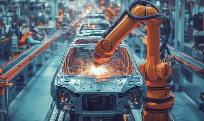 Aufkleber - Robotic Arm Welding Joints with Laser Technology in Automotive Manufacturing Factory