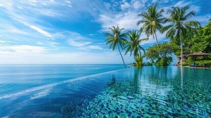 Tropical resort background with infinity pool and palm trees, luxury travel concept.