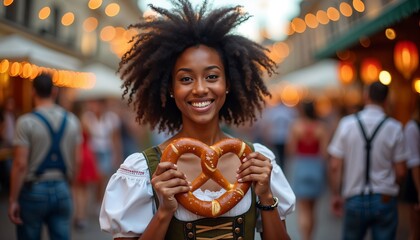 Happy black woman in traditional dirndl dress holding pretzel at oktoberfest