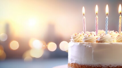 A white cake with four lit candles on top