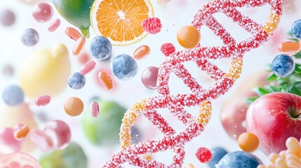 DNA Double Helix with Colorful Fruit and Berries  D Render