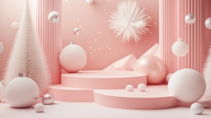 3D render of abstract platforms in a minimal Christmas and New Year theme featuring pastel pink and white shapes Realistic mockup for promotional use banners and product displays