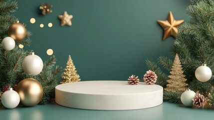 3D rendering of a podium featuring a festive holiday theme for Christmas and New Year celebrations