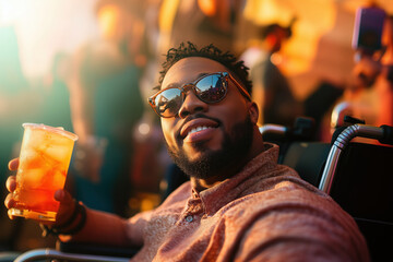 Young african american man in a wheelchair smiling and drinking a cocktail at the party