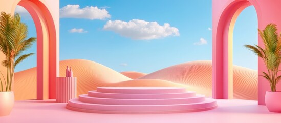 3D render of an abstract surreal pastel landscape featuring arches and a podium for product display panoramic view with a vibrant dune scene blue sky and clouds complemented by minimalist decor des