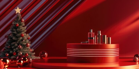 Aufkleber - 3D red podium with a festive backdrop featuring a Christmas tree designed for a New Year theme showcasing a product display stand for cosmetics illustrated in a Vray render style