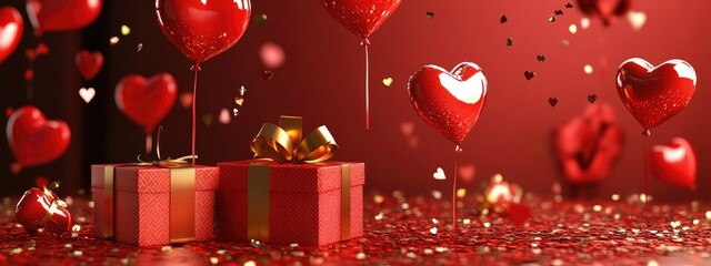 3D rendered red and gold Valentine s Day themed confetti gift boxes and love balloons for social media storytelling