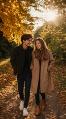 Wall Mural - A stylish couple with a sunny smile in a natural autumn scene