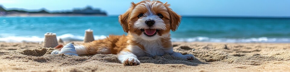 Adorable puppy lying on sandy beach with ocean waves in the background and small sandcastles, under clear blue skies, enjoying a sunny day