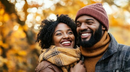 Wall Mural - A stylish couple with a sunny smile in a natural autumn scene