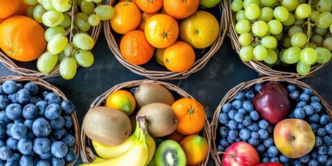 Wall Mural - Testimonial image featuring a variety of weekly fruit baskets including oranges apples blueberries grapes kiwi fruit and bananas