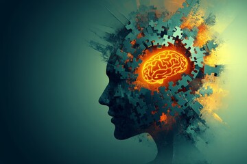 Wall Mural - Silhouette of a human head with a glowing brain exploding with vibrant colors symbolizing creativity innovation and the power of ideas and imagination