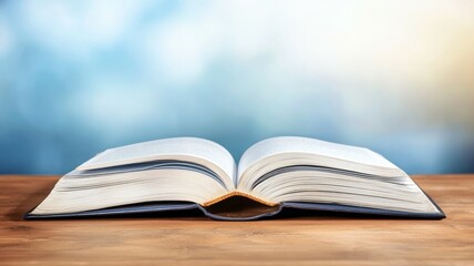 A book is open on a wooden table