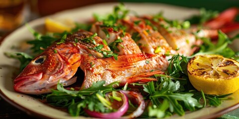 Poster - Grilled red mullet accompanied by lemon, greens, and onions.