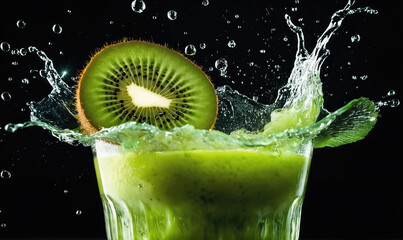 A kiwi fruit slice splashes into a glass of kiwi smoothie, creating a refreshing green explosion